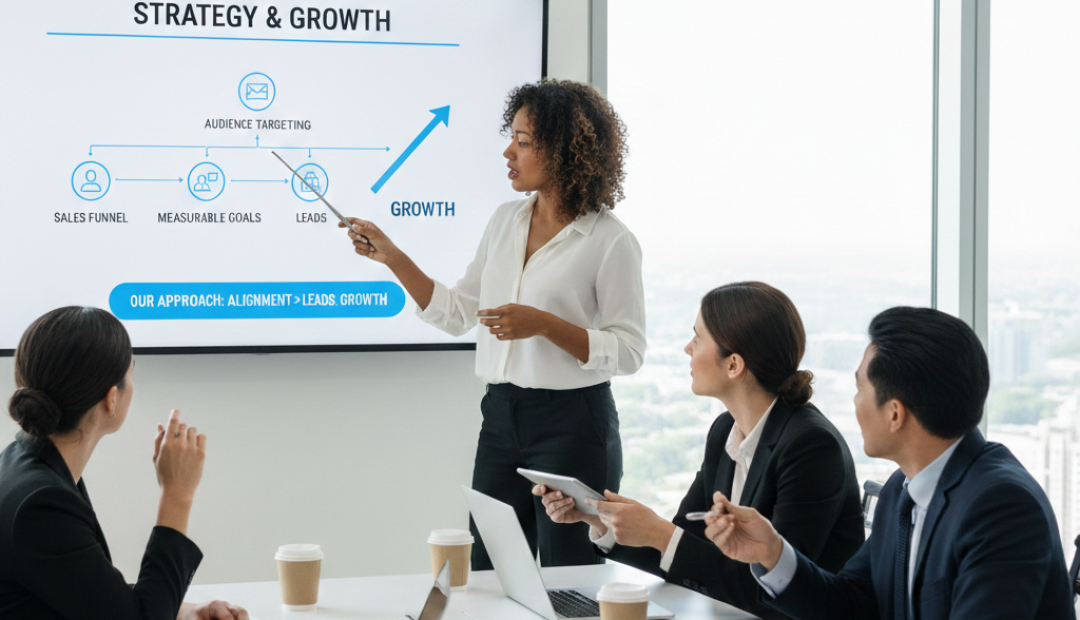 CPC Web Marketing team presenting a strategic growth plan for Social Media Marketing Services including audience targeting and sales funnels.